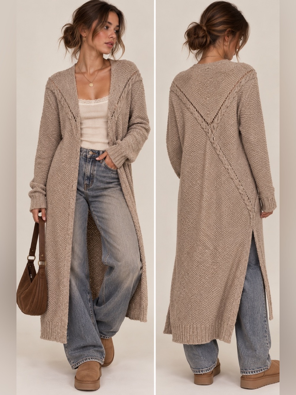 Natural Life Earthy Boho Open Weave Taupe Longline Lagenlook Duster - Size L/XL